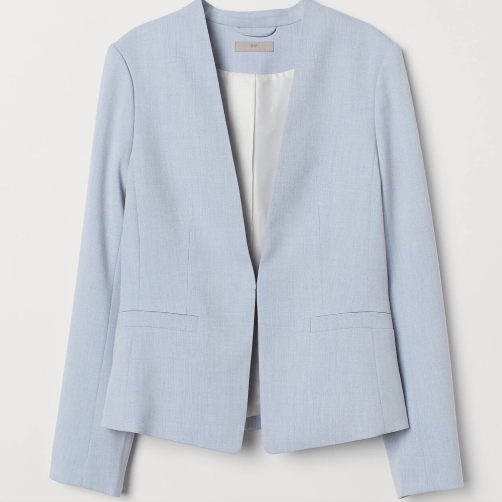H& M Light Blue Blazer No Collar Front Pockets and  1 Silver Hook Closure Size 4